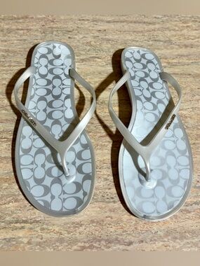 Coach Lyra Gray and Silver Signature Jelly Flip Flops